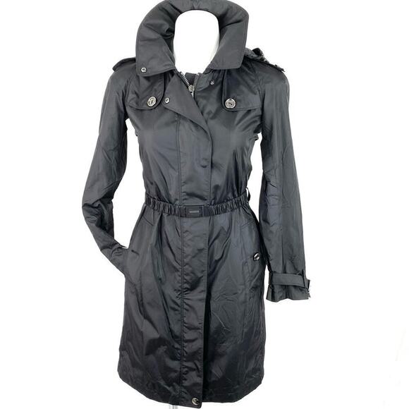 BURBERRY BLACK LONG BELTED HOODED TRENCH COAT UTILITY JACKET SIZE XS - Picture 1 of 12